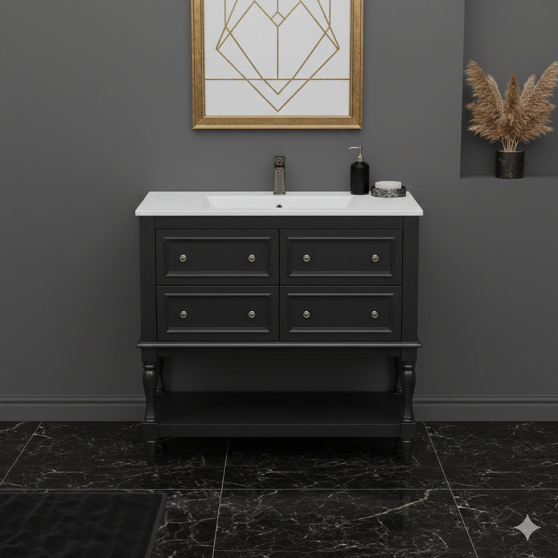 Ensemble de meuble-lavabo 36 po avec ensemble de meuble-lavabo, lavabo en céramique encastré, ensemble de meuble-lavabo autoportant à quatre tiroirs, armoire de salle de bain en bois massif noire