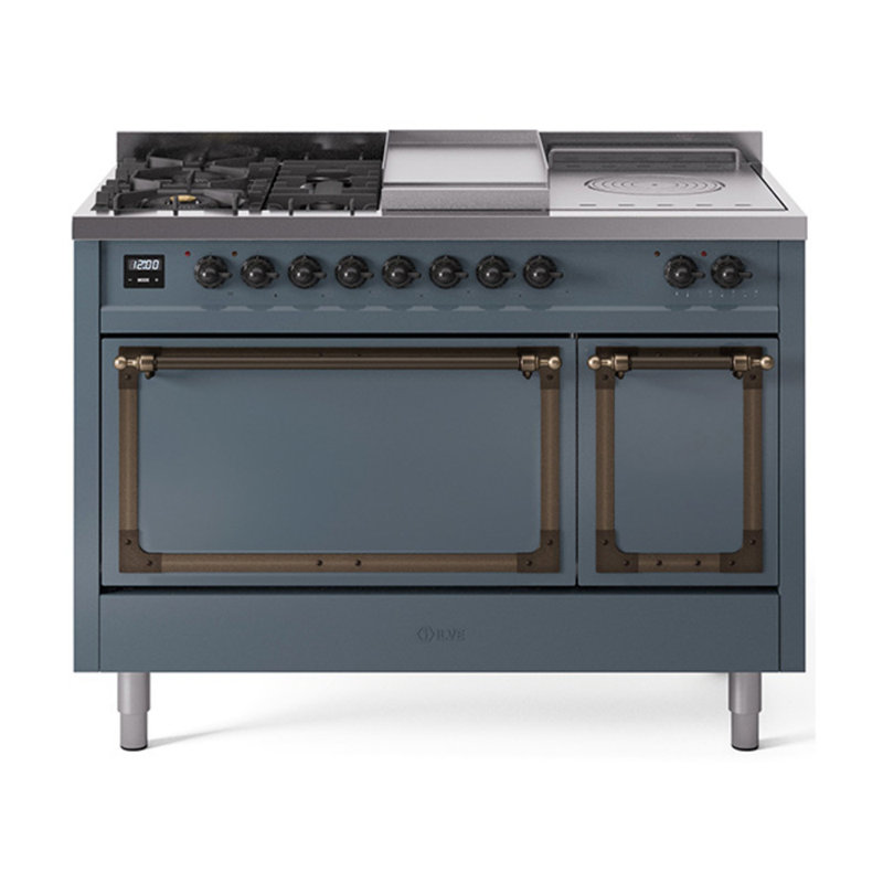 ILVE Nostalgie II Noblesse 48 in Dual Fuel Range, 5 Burner, Griddle, Frenchtop, Blue Gray/Burnished, Natural Gas