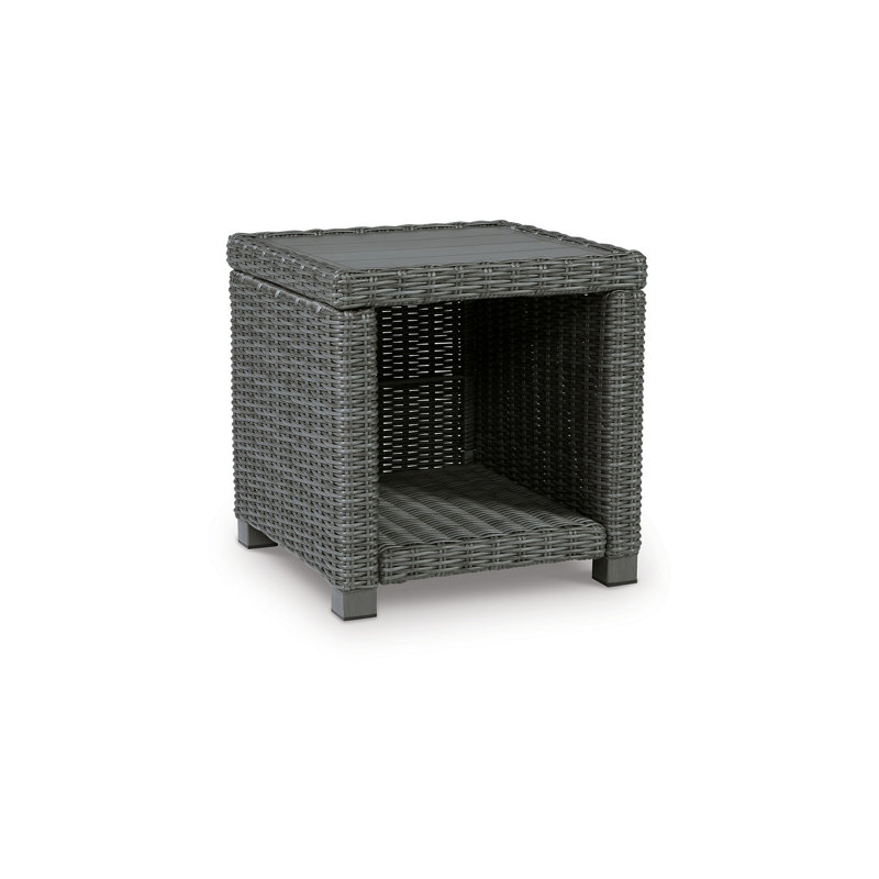 Inetha Ellie 23 Inch Outdoor End Table, Lower Shelf, Gray Resin Wicker, Metal