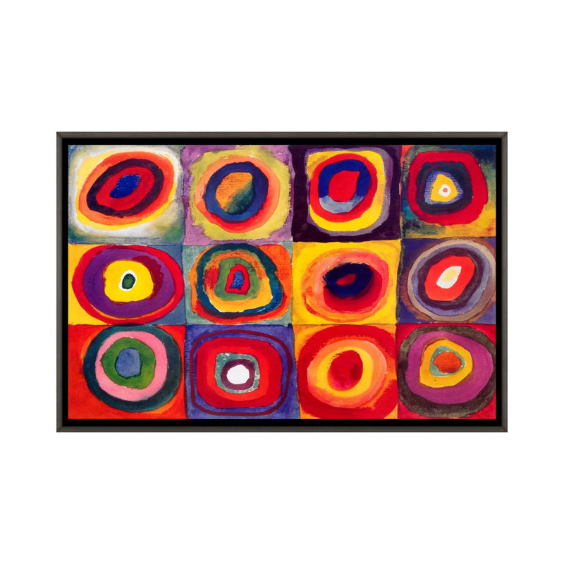" Squares With Concentric Circles " by Wassily Kandinsky, Dark Rustic Wood Framed Canvas, 32" H x 48" W x 1.5" D