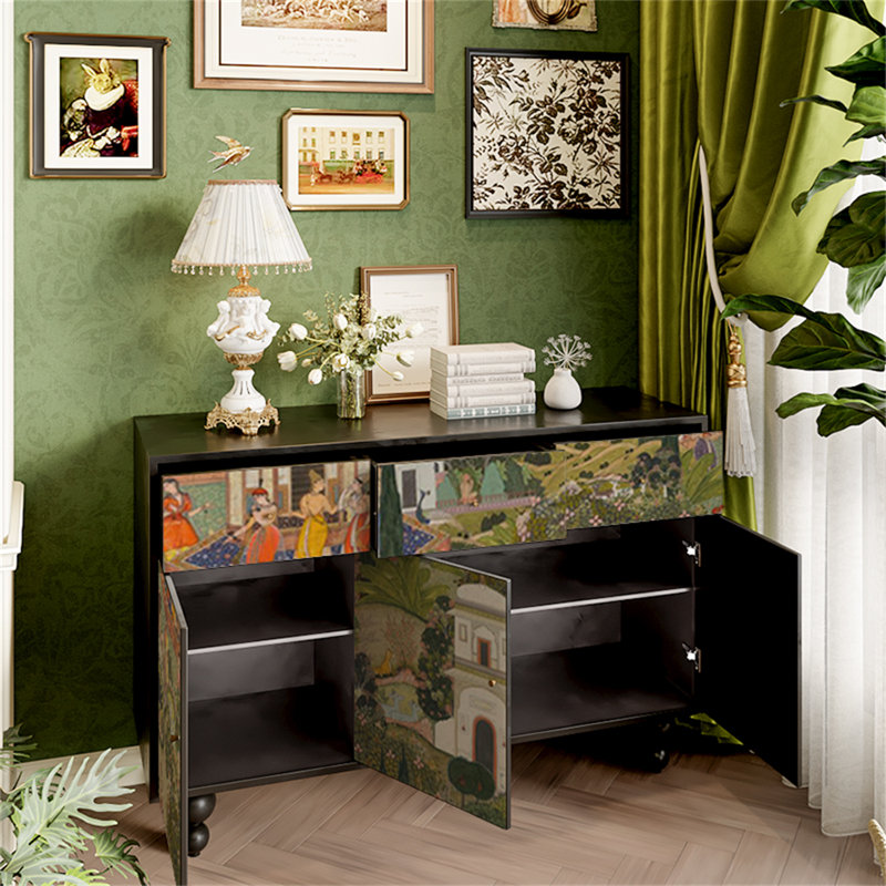 Modern Simple Entryway Accent Cabinet Sideboard, Black + Multicolour