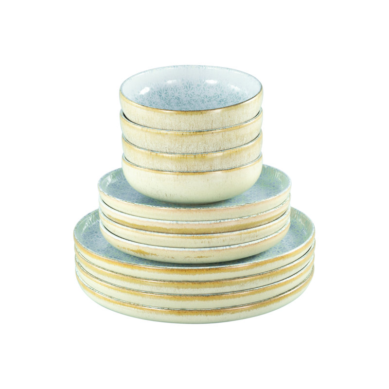 Uno Piece Stoneware Dinnerware Set - Service for 4, Blue/Beige/Ivory