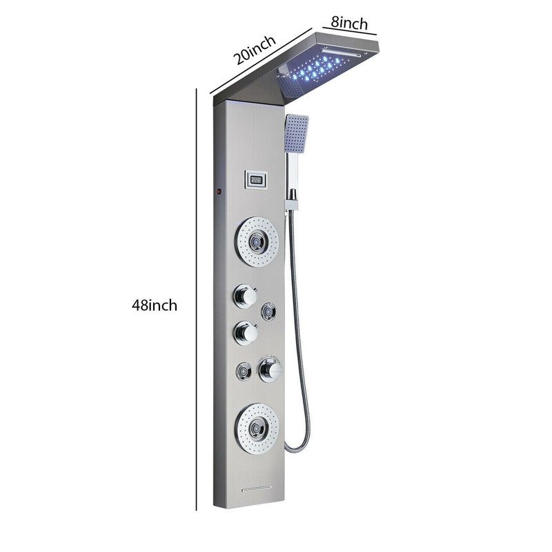 Panneau de douche à DEL avec système de jets de corps pour la pluie et la chute d'eau en acier inoxydable, Nickel brossé