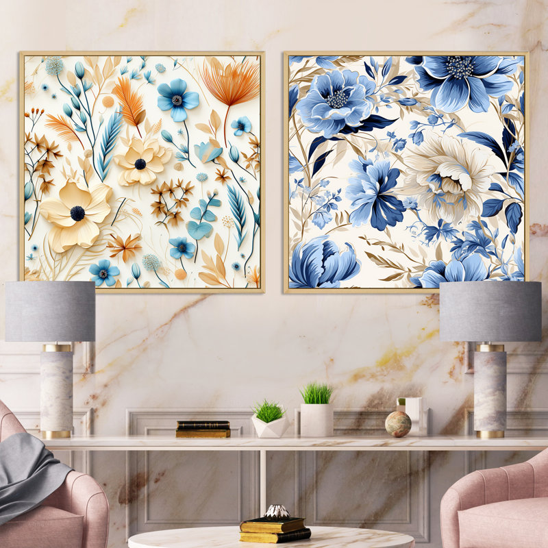 Buis - Floral Square Collage Set Of 2, Brown Floater Framed, 16" H x 33" W