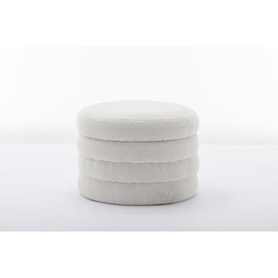 007-Boucle Fabric Storage Round Ottoman Footstool With Wooden Shelving,Ivory