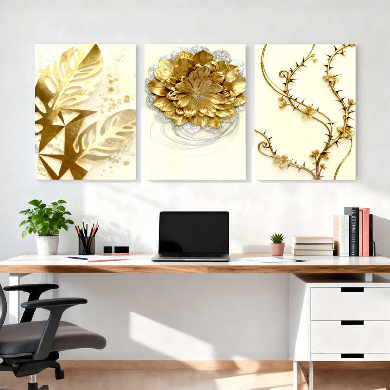 «Golden Floral and Leaf», reproduction d'art sur toile tendue sur toile (ensemble de 3), H 24 po x l 48 po