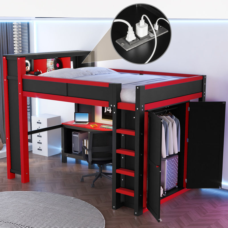 Lit mezzanine grand en bois avec garde-robe et bureau, tête de lit avec rangement et USB, rouge et noir