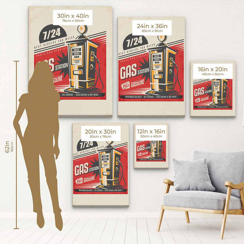«Aritina Red Retro Gas Pump», affiche sur toile, H 16 po x l 12 po, Cadre noir