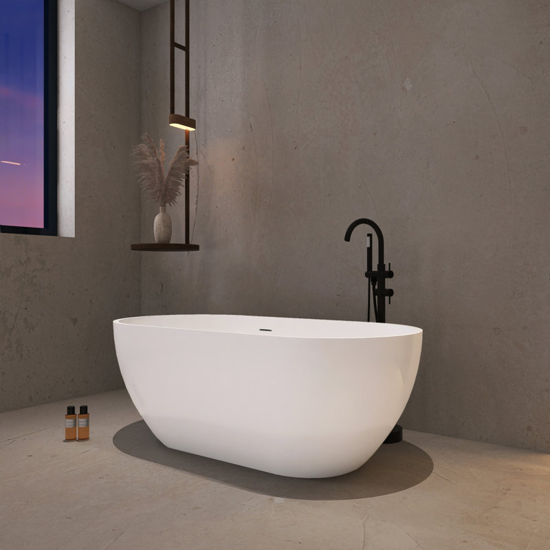 63 in. Freestanding Soaking Solid Surface Bathtub, Gloss White