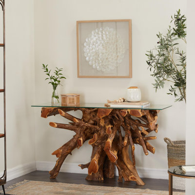 Console en bois de teck avec bordure en verre faite à la main