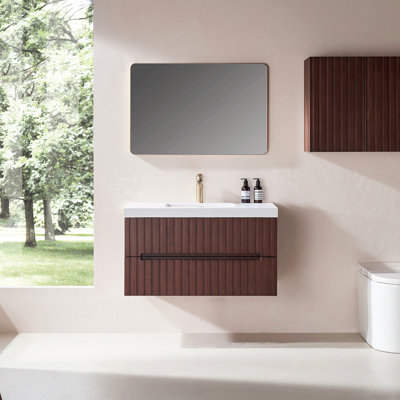 Meuble-lavabo mural simple et flottant en noyer foncé avec bassin blanc intégré en acrylique, armoire pré-assemblée en contreplaqué avec 2 tiroirs