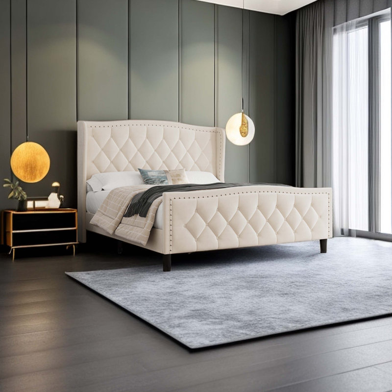 Mirabai Upholstered Metal Wingback Bed, Off White, Queen