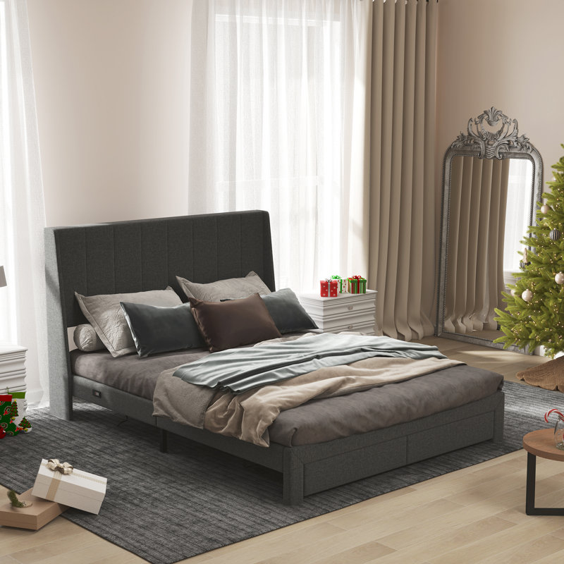Structure de lit rembourrée avec tiroirs de rangement et port USB Type-C pour chambres d'adolescent, Gris, Grand lit