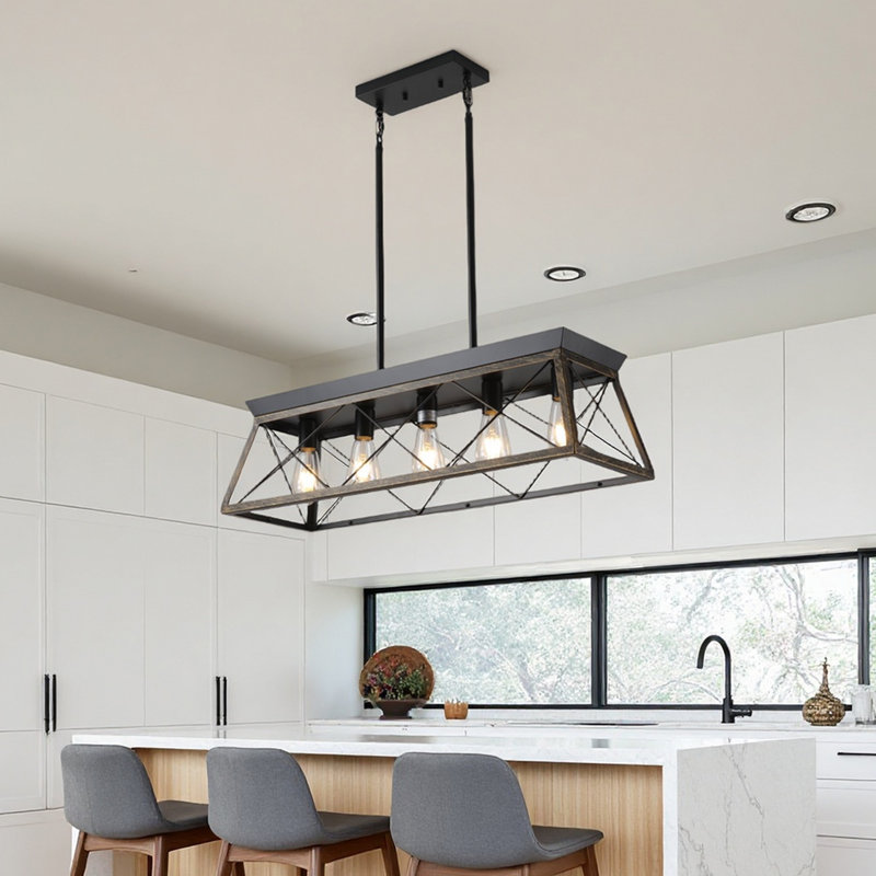 5 - Light Kitchen Island Linear Pendant with Wood Accents, Matte Black/Oil-Rubbed Bronze