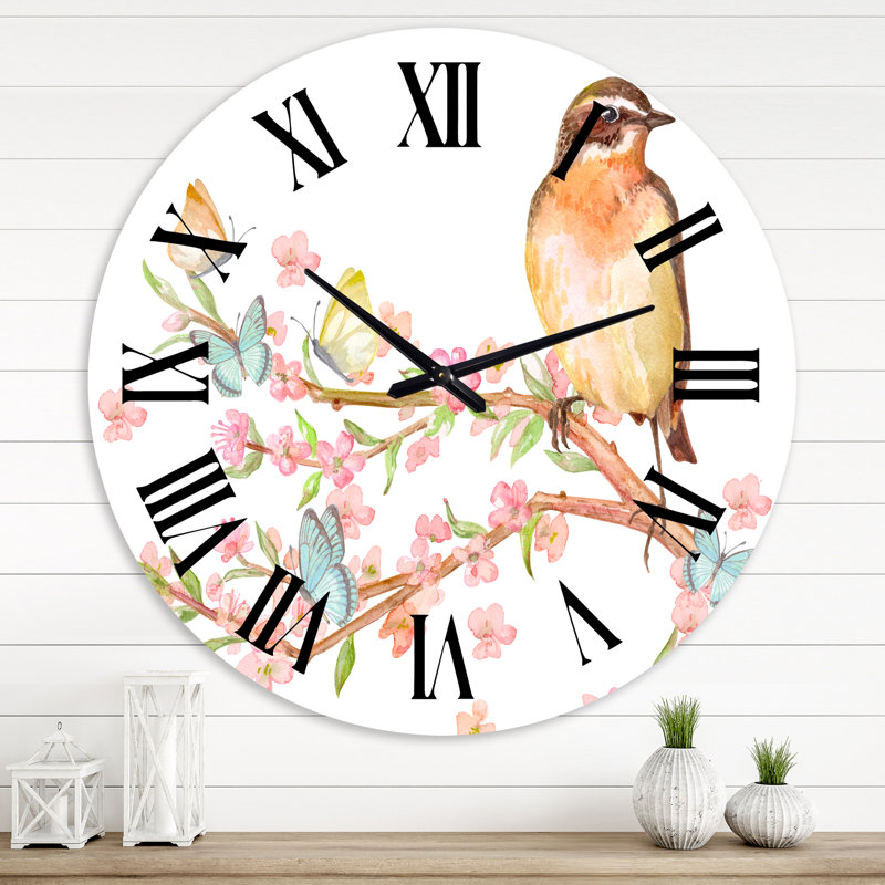 Bel oiseau assis sur une branche de Sakura - Horloge murale traditionnelle, Grand