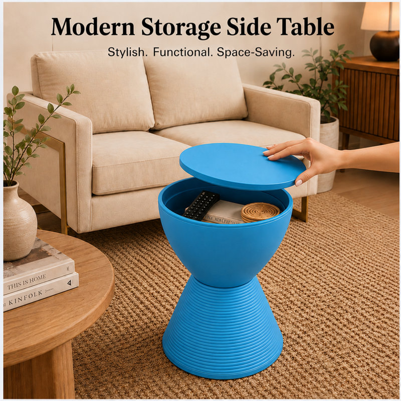 Durant Modern Hourglass Drum End Table with Removable Storage Lid, Indoor Outdoor Side Table & Small Patio Stool, No Assembly Lightweight Accent Table