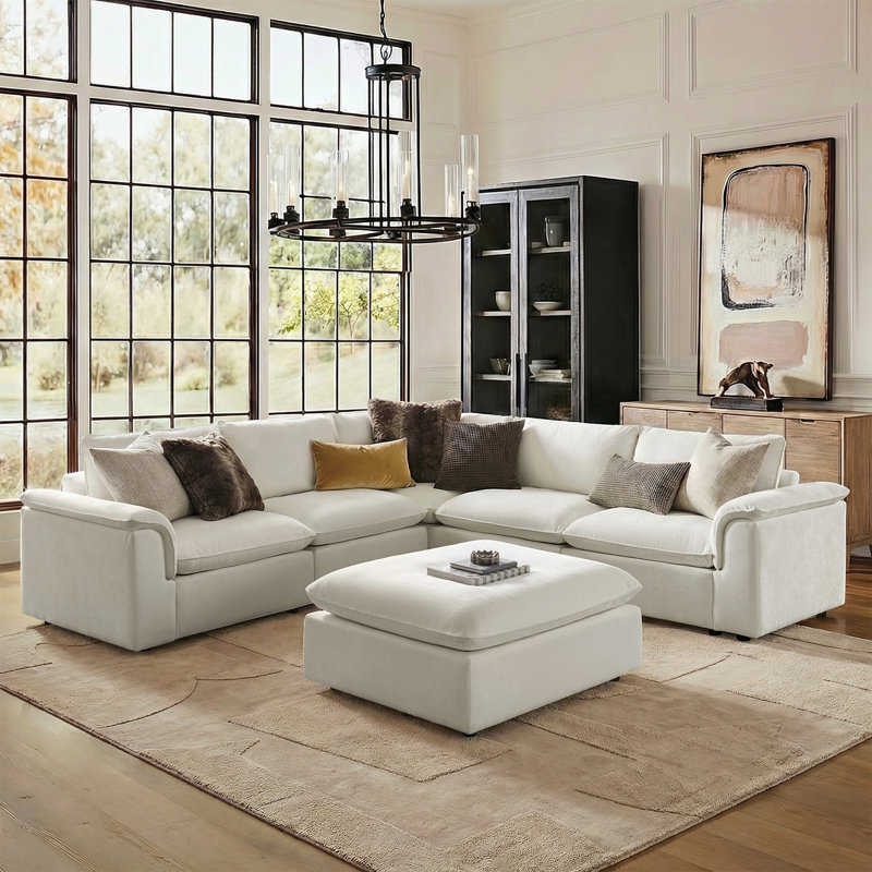 Cioffi 114"W Oversized L Shaped 6 Piece Down Blend Modular Cloud Sectional Sofa with Removable Cushion Cover, Ivory Polyester