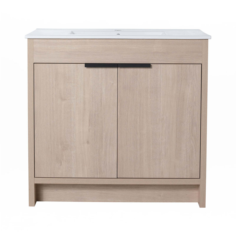 Meuble-lavabo autoportant avec lavabo en céramique, Chêne clair uni