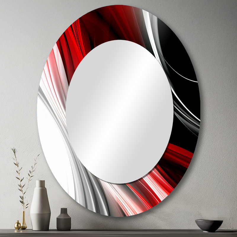 Rouge noir infini ondulations I - rouge moderne miroir mural ovale, 43 po x 33 po