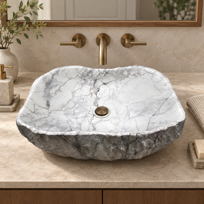 19" Oval Solid Surface Vessel Bathroom Sink with Chiseled Stone Exterior in Grey and Speckled White