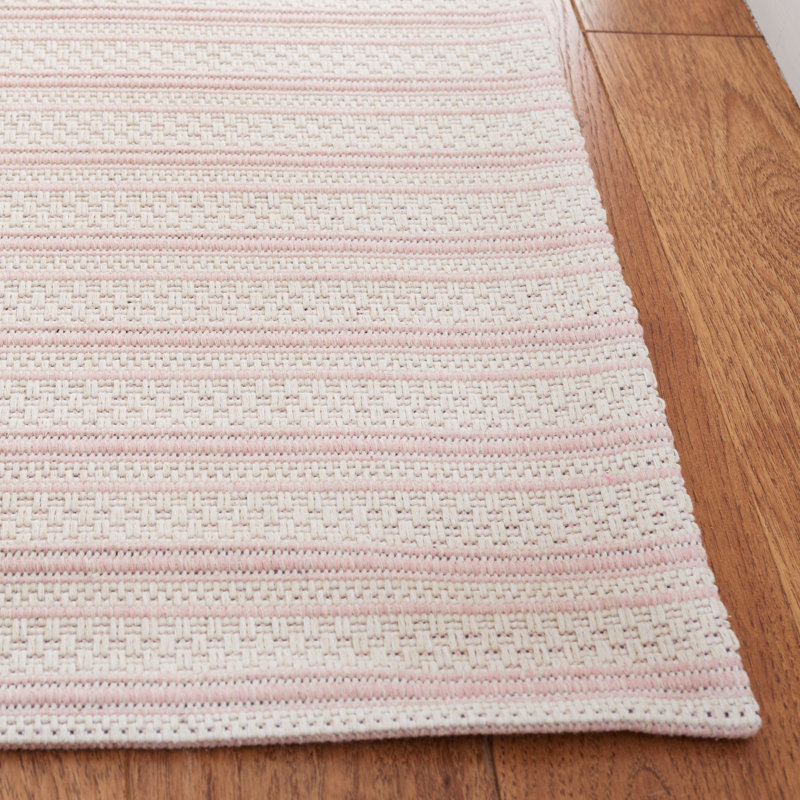 Ivory and Pink Striped Wool Rectangular Rug 5' x 7'