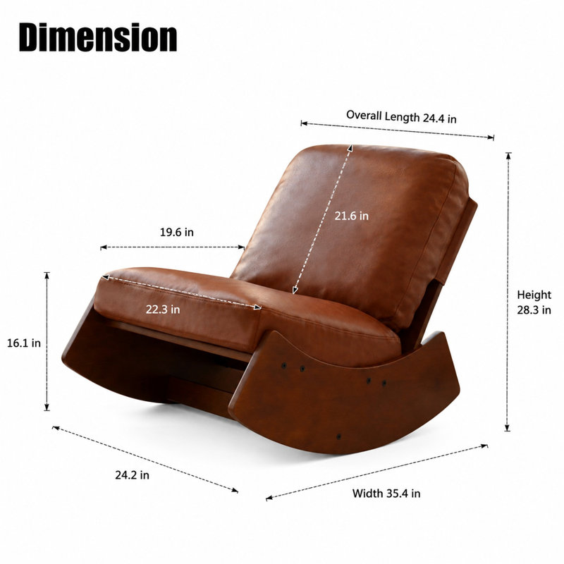 Chaise berçante rembourrée, similicuir, structure en bois massif, Brun
