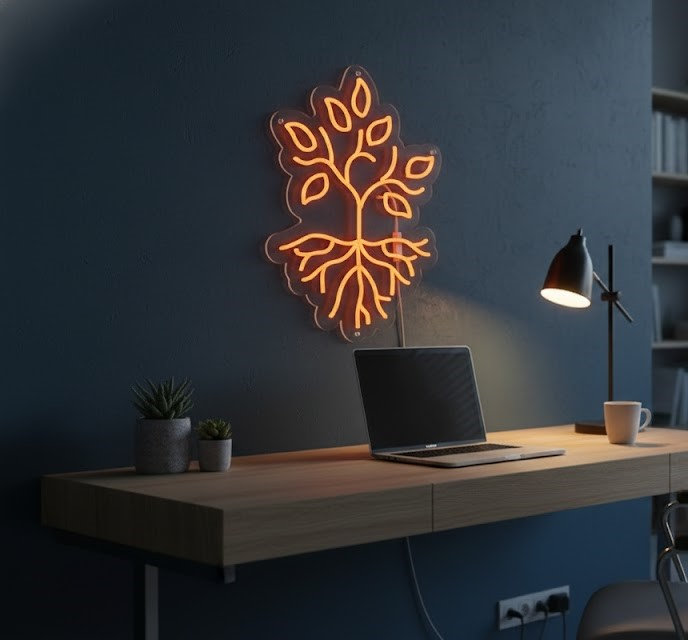  | Arbre avec racines en néon | Fabriqué à la main avec un tube néon flexible et durable pour un éclairage vibrant et durable | 24 x 18 | Orange