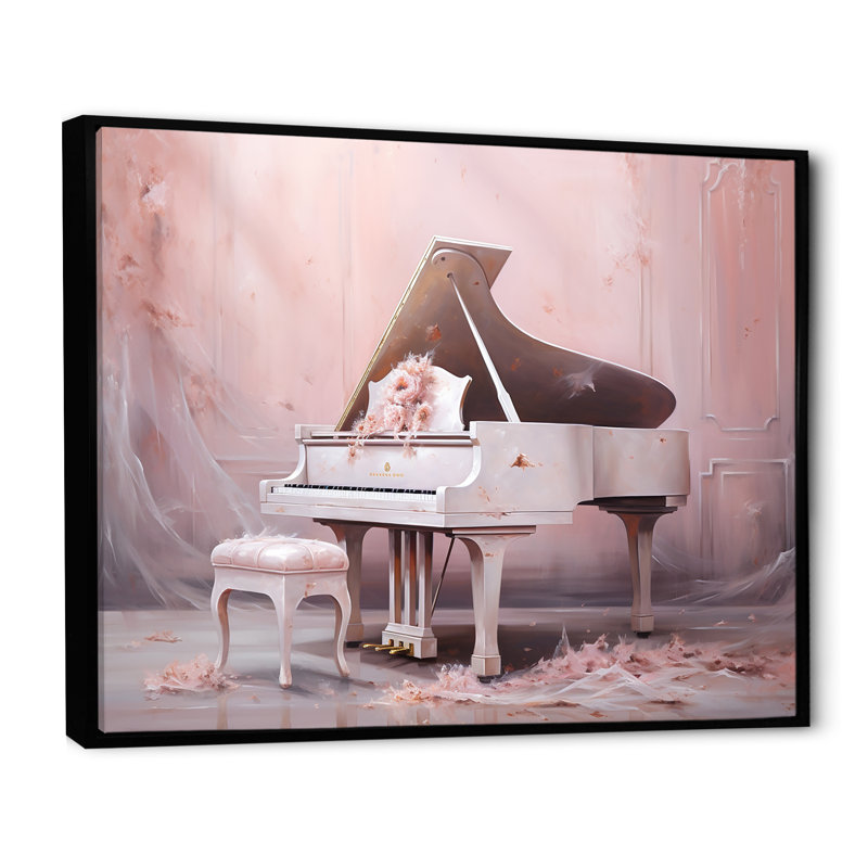 «Pink Pastel Piano Play III», impressions sur toile de piano, Cadre flottant noir, H 16 po x l 32 po