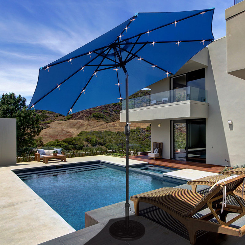 blue solar lighted patio umbrella LED With Crank Lift And Tilt, 8 Ribs, UV Resistan – Alpine Outlets shaped sectional with side table Pellebant 11 ft. Square Solar