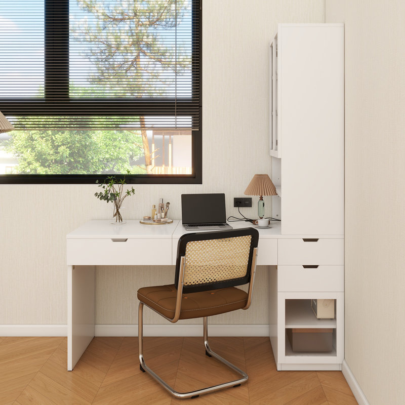 Meuble-lavabo polyvalent avec miroir et station de charge, coiffeuse avec 8 compartiments de rangement cachés, bureau d'ordinateur à 3 tiroirs, 2 armoires et tablettes ouvertes, bureau personnel, blanc