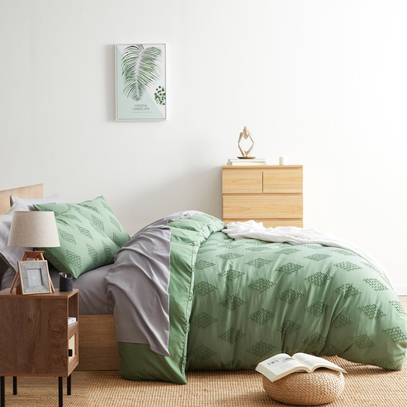 Green Queen Size Pintuck Microfiber Boho Duvet Cover Set