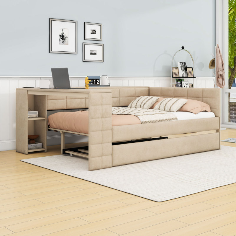Full Size Velvet Upholstered Daybed with Built-In Twin Trundle, Desk, Shelves, Outlets and USB Ports, Beige