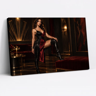Woman in Black and Red Dress and Thigh High Boots Canvas Wall Art