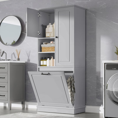 Grande armoire de rangement avec tablettes réglables, grand panier rabattable et armoires fermées, matériau en bois aggloméré avec poignées en alliage d'aluminium