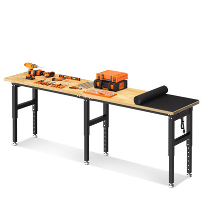 96" Adjustable Heavy-Duty Workbench with Rubber Wood Top, 5000 LBS Capacity, Pegboard and ETL Power Outlets, Height Adjustable Work Table for Garage & Workshop