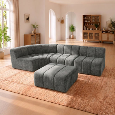 Modern Semi-Curved Modular Sectional Sofa with Movable Ottoman and Vertical Grooved Backrest