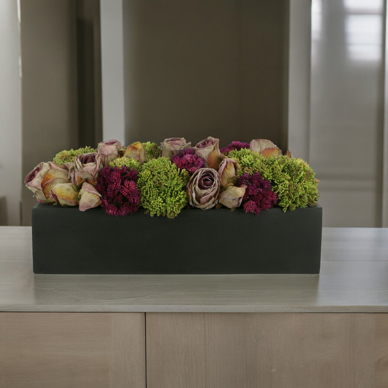 Assorted Sedum and Roses in Fiberstone Planter, 7" H x 19" W x 6" D, Gray