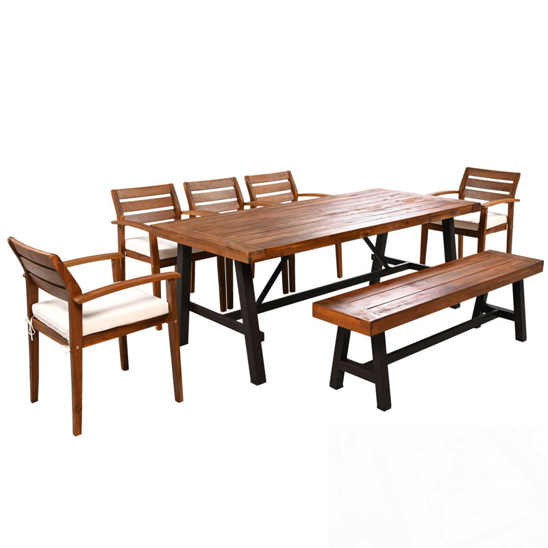 7 Pieces Patio Dining Set with long bench and 5 Chairs