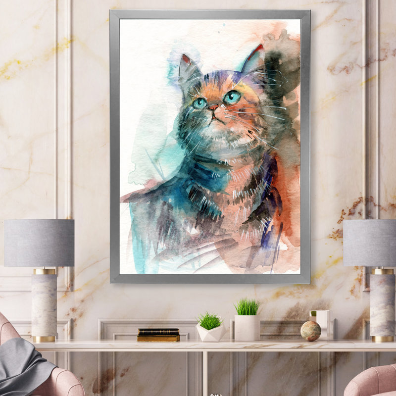 Petit chat gris aux yeux bleus - reproduction sur toile, H 40 po x l 30 po, Cadre de coin fermé argenté