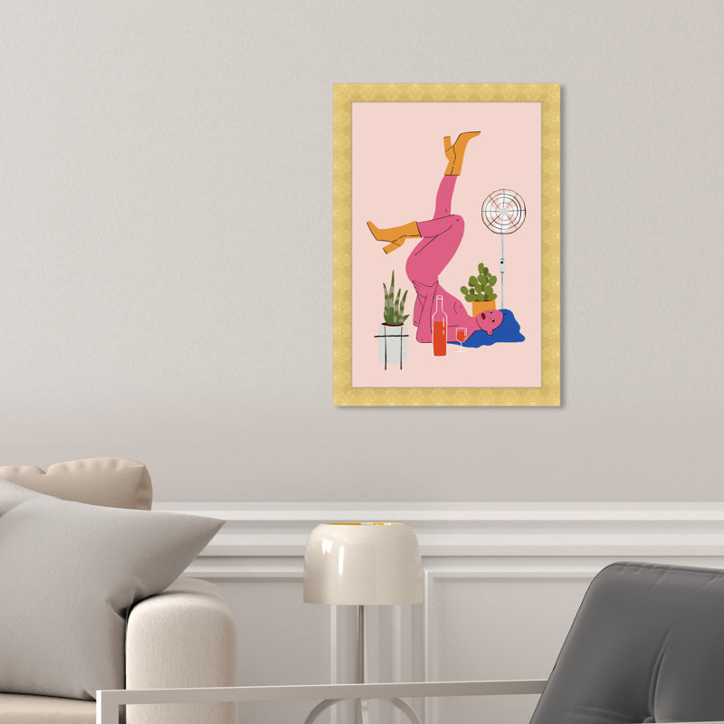 Rose, pose - peinture, H 15 po x l 10 po, Papier avec cadre doré