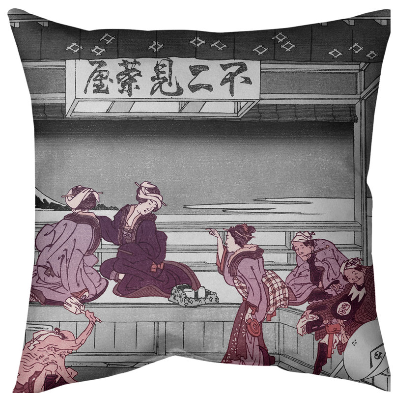 Coussin Katsushika Hokusai Yoshida at Tokaido, Rouge, Duvet synthétique, Faux lin