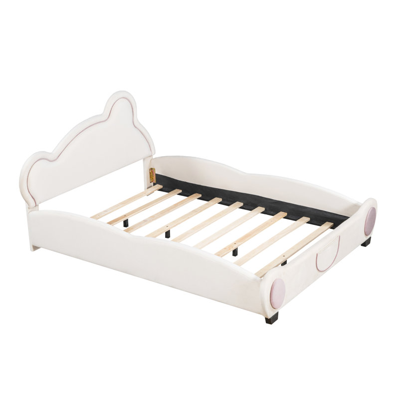 Lit plateforme en velours avec tête de lit en forme d'ours et poche de rangement à l'extrémité du lit, Beige, Double