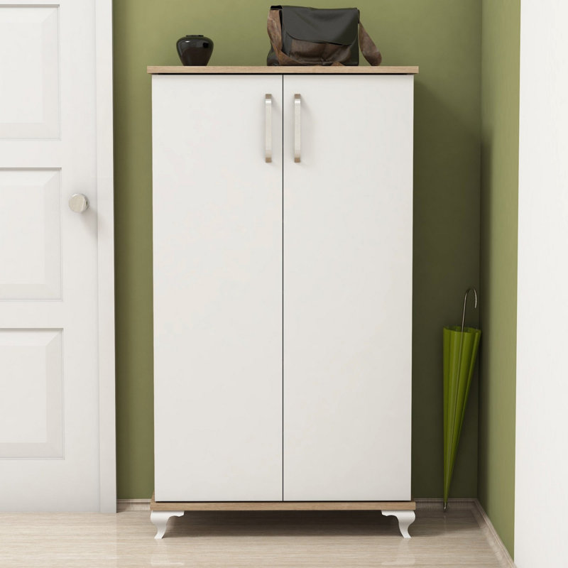 Stylish Shoe Cabinet with Numerous Shelves, Walnut & White, 28.3 x 47.2 x 12.8 inches | 100% Melamine Coated Particle Board, Thickness: 0.7 inches | Wall-Mountable Design, Perfect for Organizing Footwear in Any Space