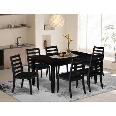 7 Piece Dining Set Includes a Rectangular Table and 6 Stackable Linen Fabric Chairs, Black