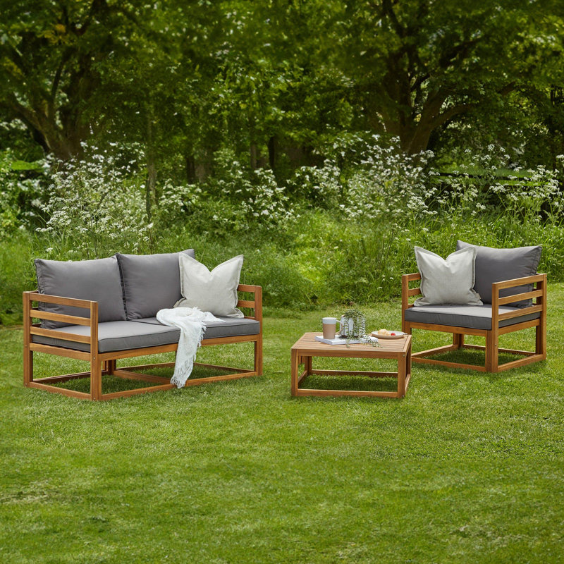 Rimasha Wooden Garden Armchair with 2-Seater Sofa & Coffee Table Set - Natural, Grey, Yes