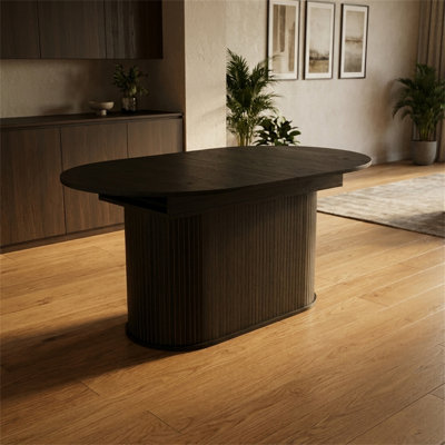 Table de salle à manger extensible 55,11 "à 70,86", pieds piédestal, style rustique moderne, finition noire