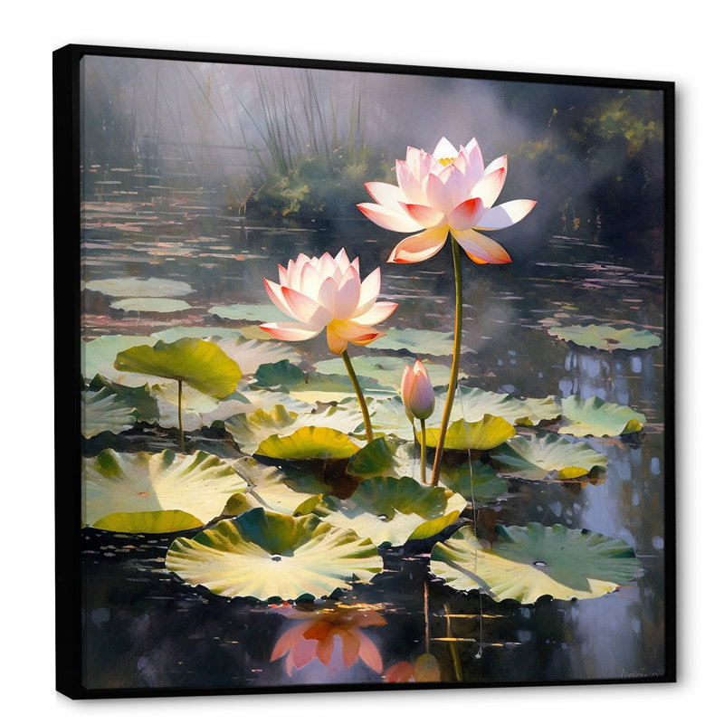 Aquarelle de lotus de sagesse sur toile, Cadre flottant noir, 24" H x 24" W