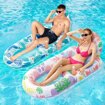2 Pack Pool Floats Adult Heavy Duty-Adult Pool Float  With Cup Holders, Backrest & Footrest Pool  Float Pool Floaties Rafts For Beach Lake Party)