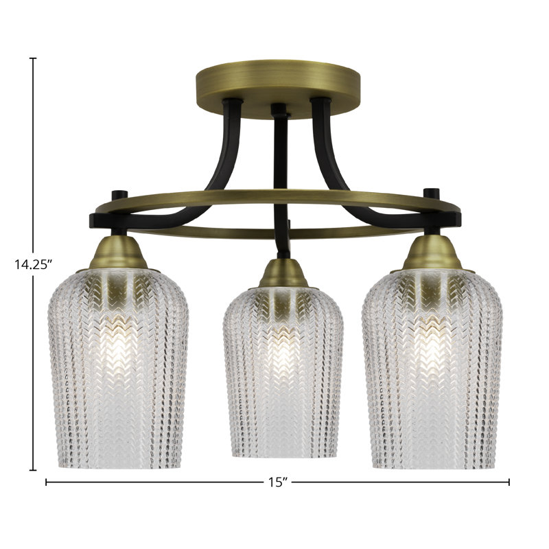 Paramount 3 Light Semi-Flush Shown In Matte Black & Brass Finish With 5" Textured Glass, Clear