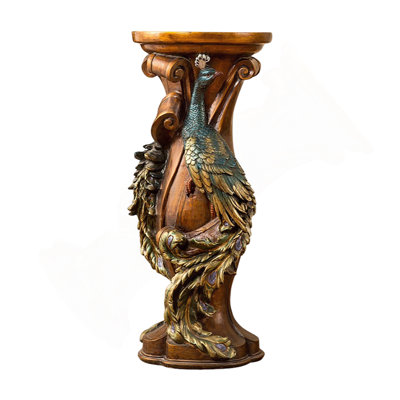 32.7" H Peacock Carved Decorative Pedestal Stand, Resin Faux Wood Plant Display Column, Vintage Artistic Accent Table For Vases, Figurines & Home Decor In Living Room & Entryway